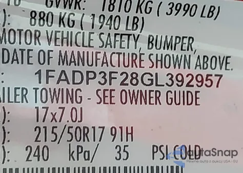 2016 Ford Focus Se z USA, uszkodzony, nr VIN 1FADP3F28GL392957